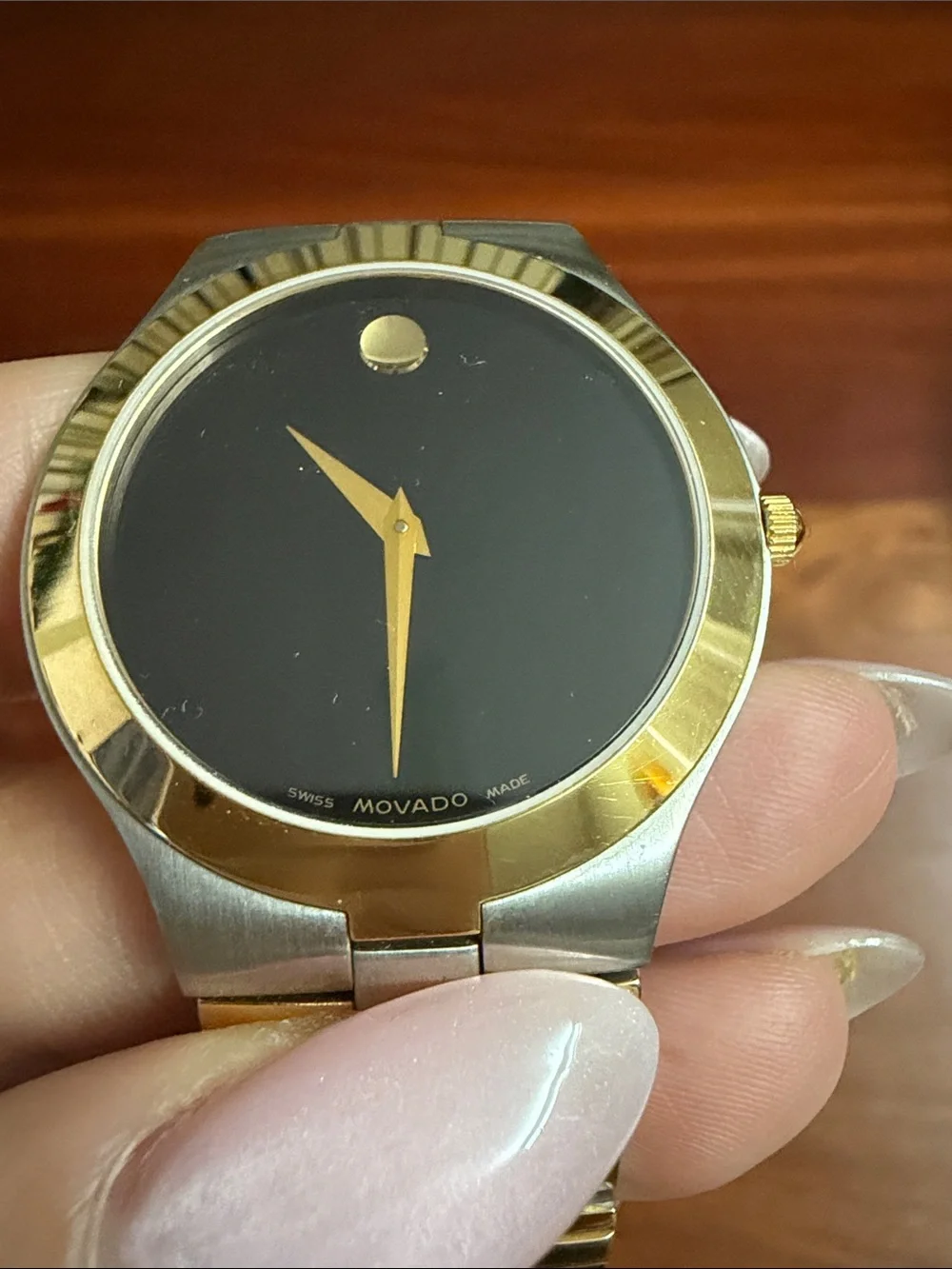 Movado Two-Tone Black Dial Gold Accents Stainless Steel Watch